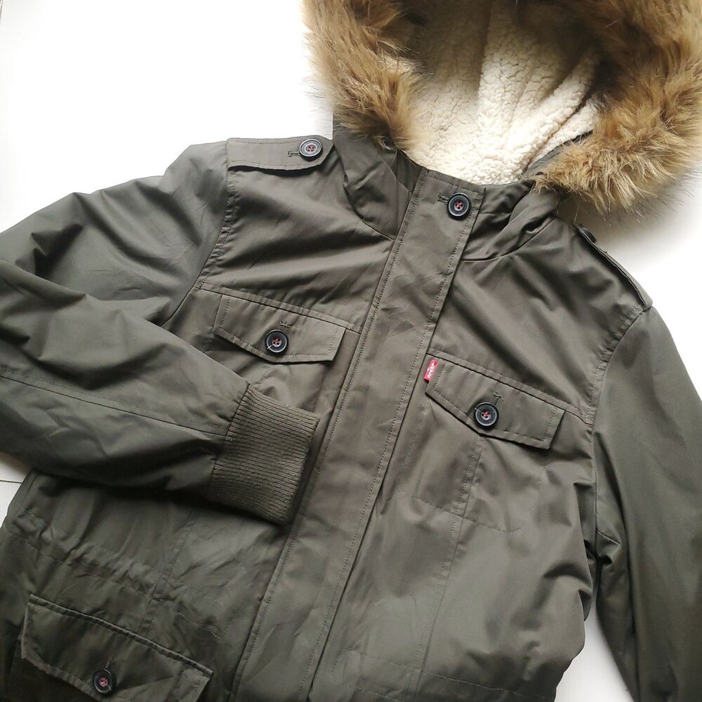 Hooded Utility Parka Womens M Green Faux Fur Hood Sherpa Lined Levis Jacket